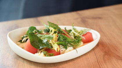 <b>Angebratene Wassermelone</b> mit Mozzarella und Kräutersalat
                  
